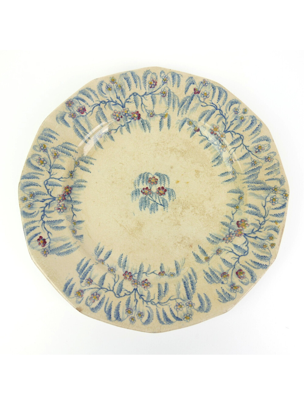 Antique Staffordshire Ironstone Plate 7.2" Blue Feather Polychrome Transferware